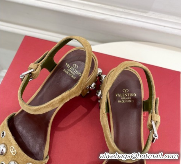 Duplicate Valentino Nellcôte Heel Sandals 6cm in Suede with Ball Studs Light Brown 0711050