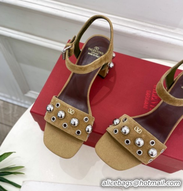 Duplicate Valentino Nellcôte Heel Sandals 6cm in Suede with Ball Studs Light Brown 0711050