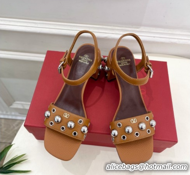 Grade Valentino Nellcôte Heel Sandals 6cm in Grainy Calfskin with Ball Studs Brown 0711051