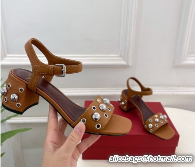 Grade Valentino Nellcôte Heel Sandals 6cm in Grainy Calfskin with Ball Studs Brown 0711051