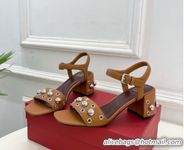 Grade Valentino Nellcôte Heel Sandals 6cm in Grainy Calfskin with Ball Studs Brown 0711051