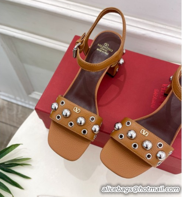 Grade Valentino Nellcôte Heel Sandals 6cm in Grainy Calfskin with Ball Studs Brown 0711051