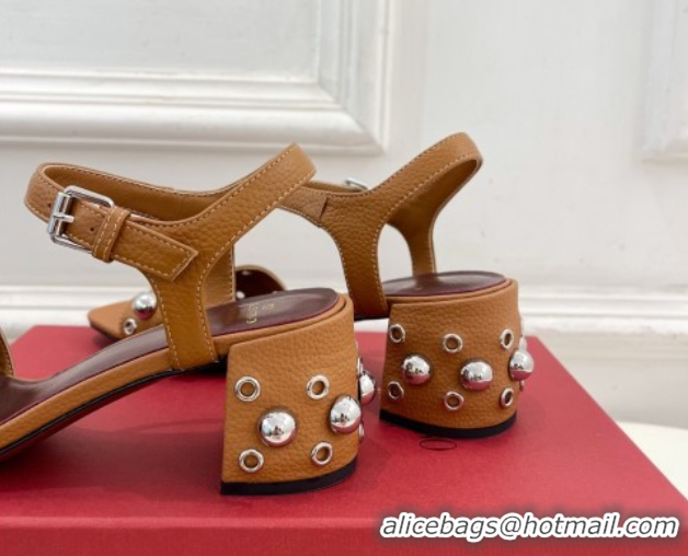 Grade Valentino Nellcôte Heel Sandals 6cm in Grainy Calfskin with Ball Studs Brown 0711051