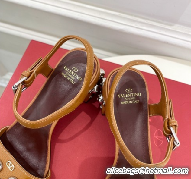 Grade Valentino Nellcôte Heel Sandals 6cm in Grainy Calfskin with Ball Studs Brown 0711051