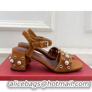 Good Product Valentino Nellcôte Heel Sandals 6cm in Suede with Ball Studs Tan Brown 0711052