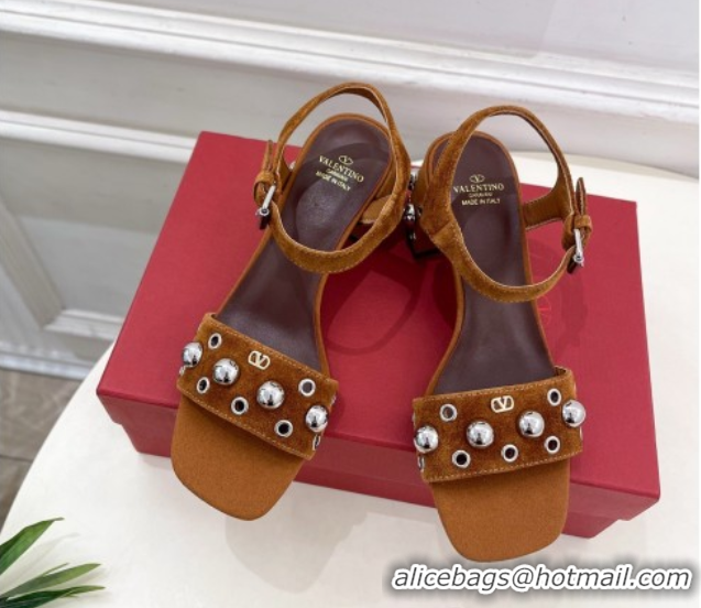 Good Product Valentino Nellcôte Heel Sandals 6cm in Suede with Ball Studs Tan Brown 0711052