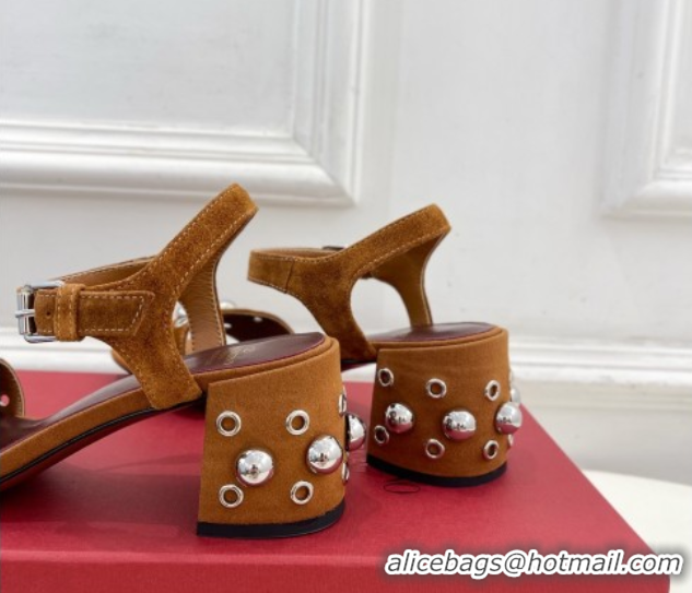 Good Product Valentino Nellcôte Heel Sandals 6cm in Suede with Ball Studs Tan Brown 0711052
