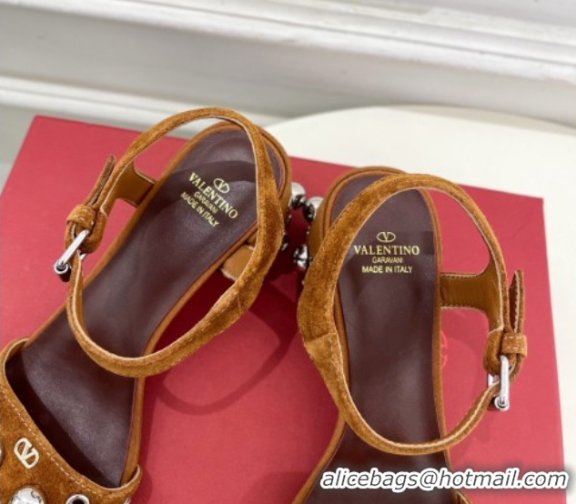 Good Product Valentino Nellcôte Heel Sandals 6cm in Suede with Ball Studs Tan Brown 0711052