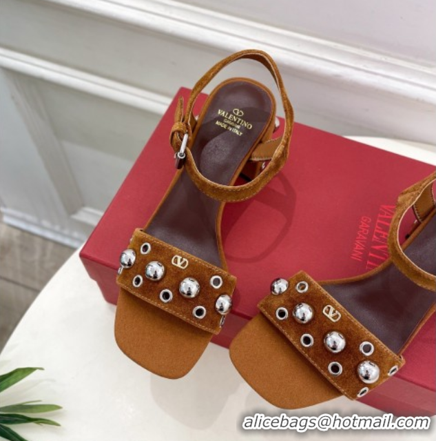 Good Product Valentino Nellcôte Heel Sandals 6cm in Suede with Ball Studs Tan Brown 0711052