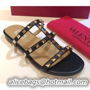 Stylish Valentino Classic Rockstud Flat Slides Sandal in Calfskin Leather Black 0711053