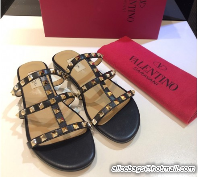 Stylish Valentino Classic Rockstud Flat Slides Sandal in Calfskin Leather Black 0711053