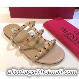 Good Quality Valentino Classic Rockstud Flat Slides Sandal in Calfskin Leather Nude 0711054