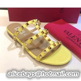 Unique Style Valentino Classic Rockstud Flat Slides Sandal in Calfskin Leather Yellow 0711056