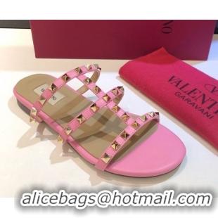 Pretty Style Valentino Classic Rockstud Flat Slides Sandal in Calfskin Leather Pink 0711057