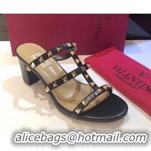 Duplicate Valentino Classic Rockstud Heel Slides Sandal 6.5cm in Calfskin Leather Black 0711058