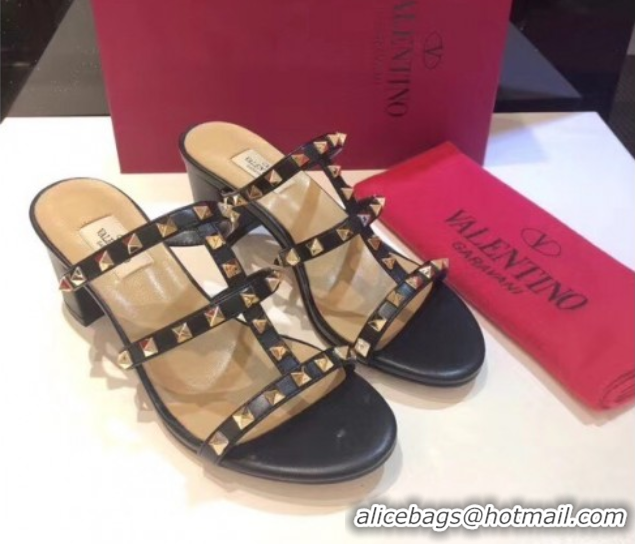 Duplicate Valentino Classic Rockstud Heel Slides Sandal 6.5cm in Calfskin Leather Black 0711058