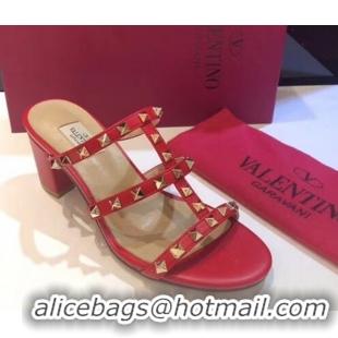 Best Product Valentino Classic Rockstud Heel Slides Sandal 6.5cm in Calfskin Leather Red 0711059