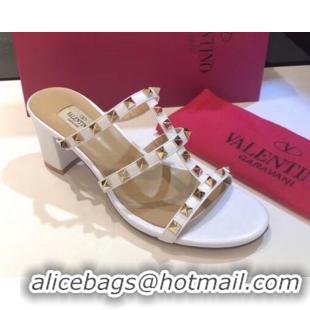 Cheap Price Valentino Classic Rockstud Heel Slides Sandal 6.5cm in Calfskin Leather White 0711060