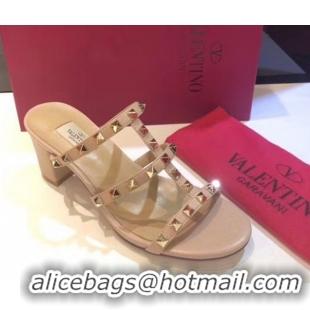 Big Discount Valentino Classic Rockstud Heel Slides Sandal 6.5cm in Calfskin Leather Nude 0711061