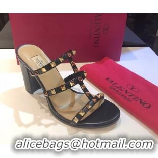 Top Grade Valentino Classic Rockstud Heel Slides Sandal 9.5cm in Calfskin Leather Black 0711062