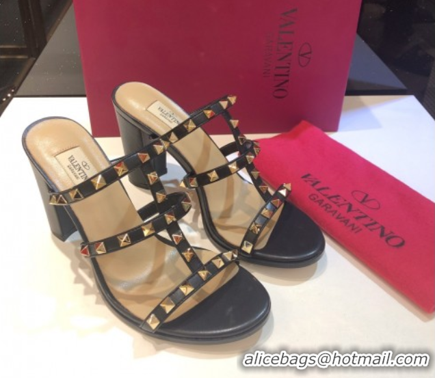 Top Grade Valentino Classic Rockstud Heel Slides Sandal 9.5cm in Calfskin Leather Black 0711062