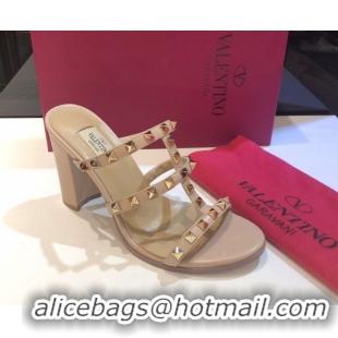Hot Style Valentino Classic Rockstud Heel Slides Sandal 9.5cm in Calfskin Leather Nude 0711063