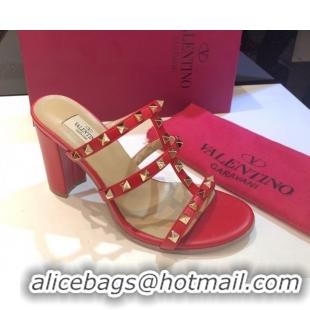 Good Quality Valentino Classic Rockstud Heel Slides Sandal 9.5cm in Calfskin Leather Red 0711064