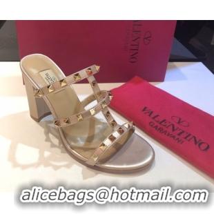 Popular Style Valentino Classic Rockstud Heel Slides Sandal 9.5cm in Calfskin Leather Gold 0711065