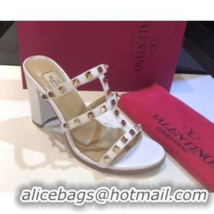 Durable Valentino Classic Rockstud Heel Slides Sandal 9.5cm in Calfskin Leather White 0711066