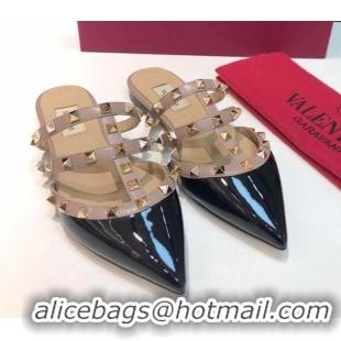 Luxury Cheap Valentino Classic Rockstud Flat Mules in Patent Leather Black 0711067