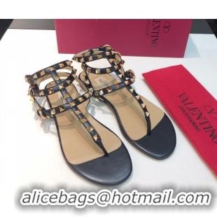 Stylish Valentino Classic Rockstud Flat Thong Sandals in Calfskin Leather with Ankle Strap Black Upper 0711071