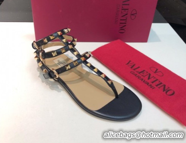 Stylish Valentino Classic Rockstud Flat Thong Sandals in Calfskin Leather with Ankle Strap Black Upper 0711071