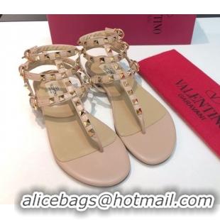 Duplicate Valentino Classic Rockstud Flat Thong Sandals in Calfskin Leather with Ankle Strap Nude Pink 0711072