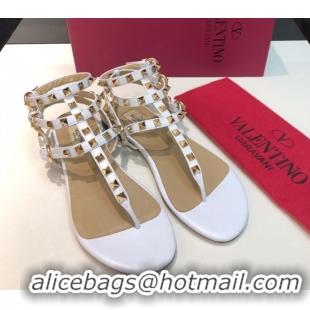 Good Quality Valentino Classic Rockstud Flat Thong Sandals in Calfskin Leather with Ankle Strap White 0711073