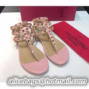 Grade Quality Valentino Classic Rockstud Flat Thong Sandals in Calfskin Leather with Ankle Strap Light Pink 0711074