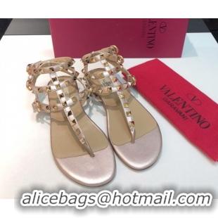 Perfect Valentino Classic Rockstud Flat Thong Sandals in Calfskin Leather with Ankle Strap Metallic Pink 0711075