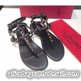 Best Grade Valentino Classic Rockstud Flat Thong Sandals in Calfskin Leather with Ankle Strap Black 0711076
