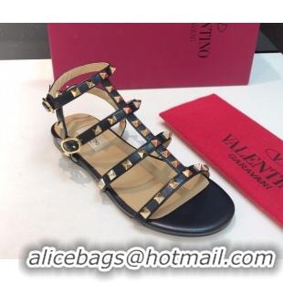 Stylish Valentino Classic Rockstud Flat Sandals in Calfskin Leather with Straps Black 0711077