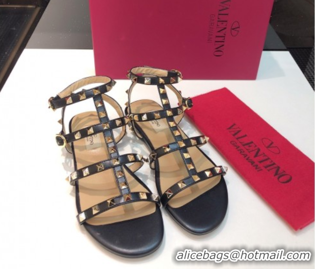 Stylish Valentino Classic Rockstud Flat Sandals in Calfskin Leather with Straps Black 0711077
