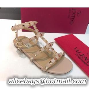 Sumptuous Valentino Classic Rockstud Flat Sandals in Calfskin Leather with Straps Nude 0711078