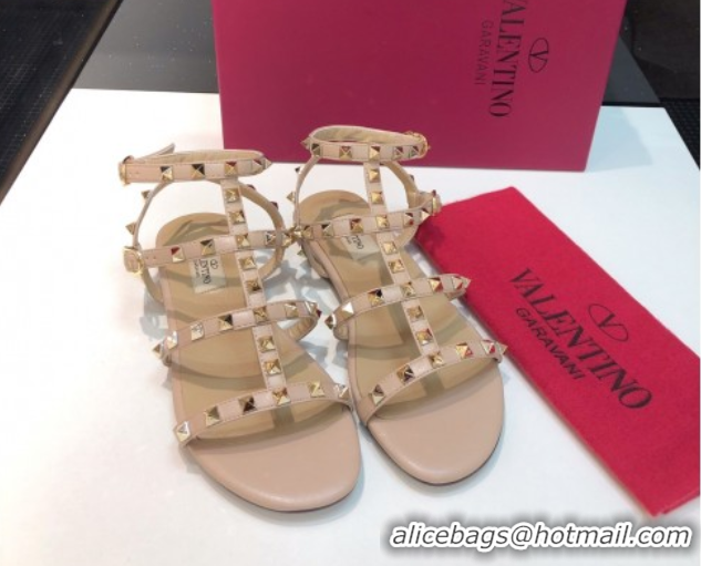 Sumptuous Valentino Classic Rockstud Flat Sandals in Calfskin Leather with Straps Nude 0711078