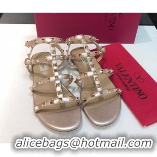 Good Product Valentino Classic Rockstud Flat Sandals in Calfskin Leather with Straps Metallic Pink 0711079