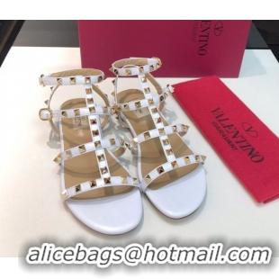 Grade Valentino Classic Rockstud Flat Sandals in Calfskin Leather with Straps White 0711080
