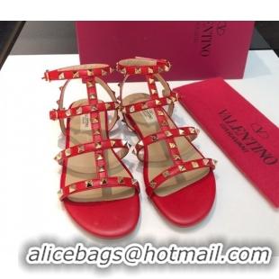 Charming Valentino Classic Rockstud Flat Sandals in Calfskin Leather with Straps Red 0711081
