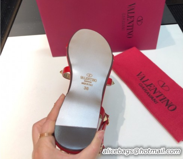 Charming Valentino Classic Rockstud Flat Sandals in Calfskin Leather with Straps Red 0711081