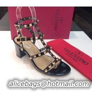 Top Grade Valentino Classic Rockstud Heel Sandals 6.5cm in Patent Leather with Straps Black 0711082