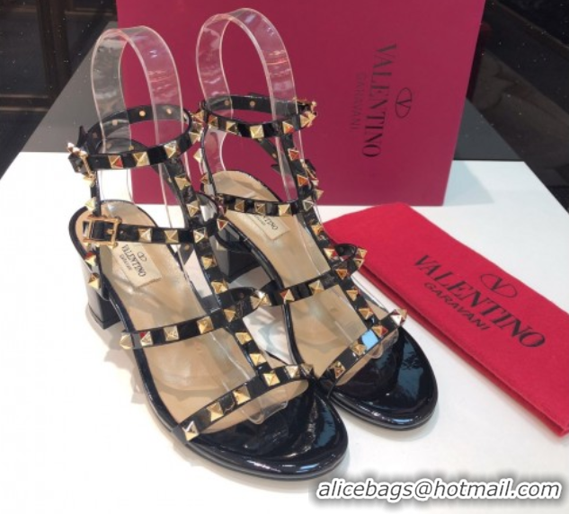 Top Grade Valentino Classic Rockstud Heel Sandals 6.5cm in Patent Leather with Straps Black 0711082