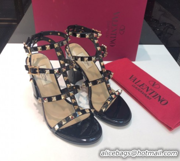 Shop Duplicate Valentino Classic Rockstud Heel Sandals 9.5cm in Patent Leather with Straps Black 0711087