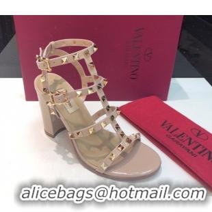 Popular Style Valentino Classic Rockstud Heel Sandals 9.5cm in Patent Leather with Straps Nude 0711088