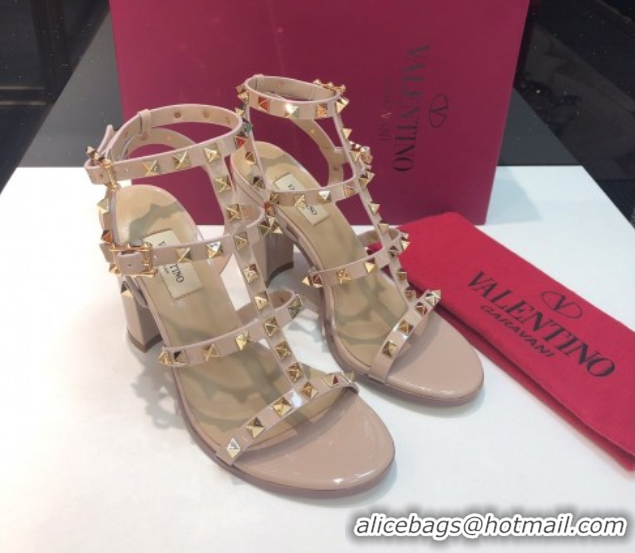 Popular Style Valentino Classic Rockstud Heel Sandals 9.5cm in Patent Leather with Straps Nude 0711088